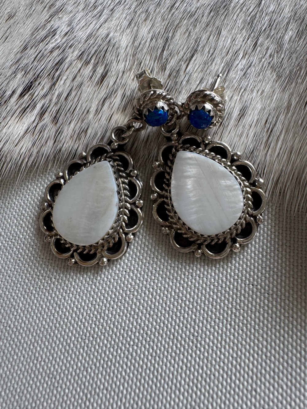 Native American White Mother of Pearl Teardrop Statement Earrings